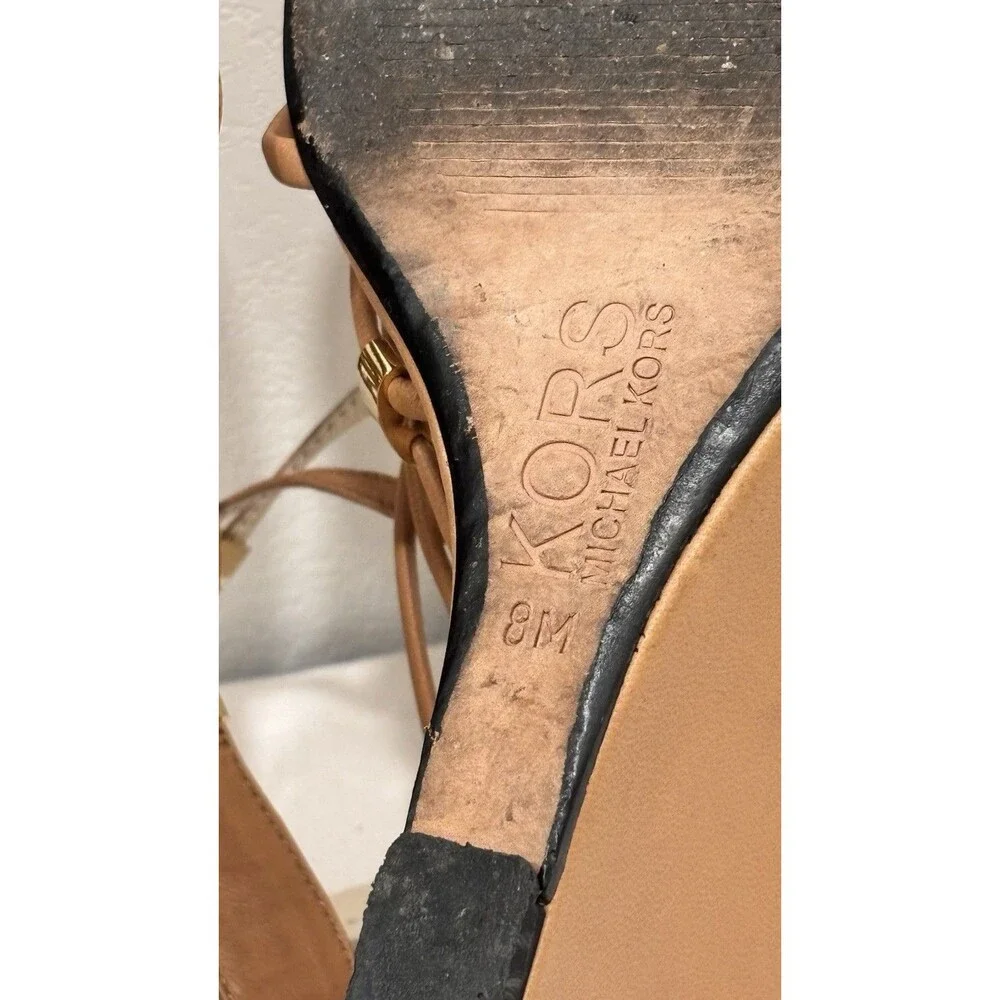 Michael Kors Wedge Sandals‎ Size 8 Brown Leather Strappy Gold Accent Heels